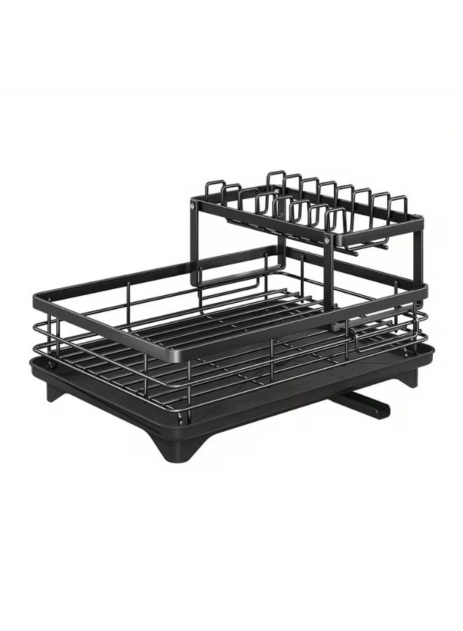 إينابايت رف تجفيف الأطباق المقاوم للصدأ مزدوج الطبقات الأسود، قابل للتعديل والإزالة لتوفير المساحة على منضدةحوض المطبخ - Image 3